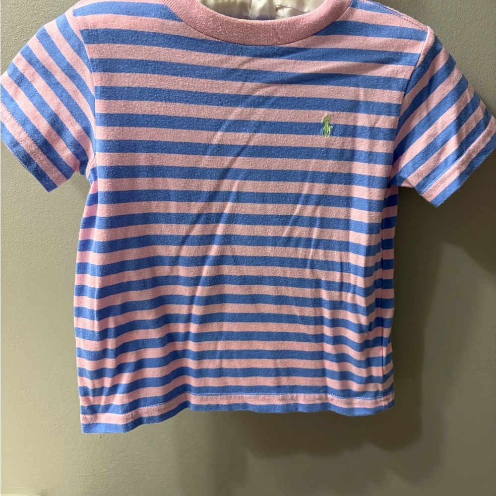 Ralph Lauren Pink and Blue Striped Short Sleeve Tee with Green Pony